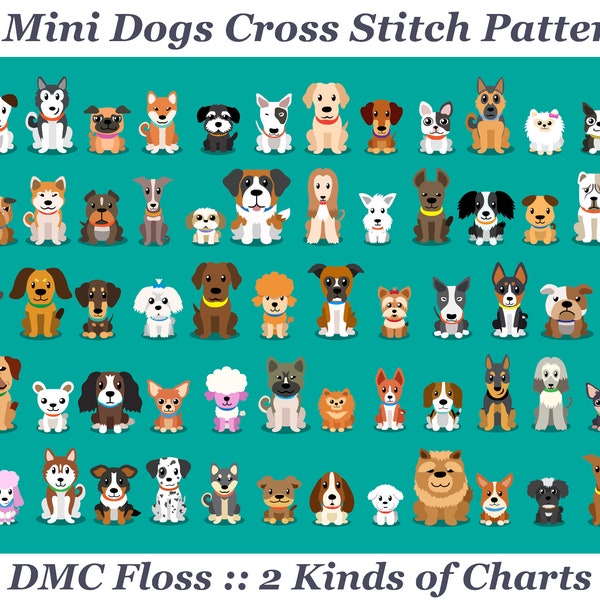 60 Mini Dogs Cross Stitch Patterns, Printable PDF Patterns, 2 Kinds of Charts, Instant Download, DMC Floss