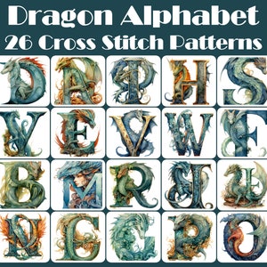 Dragon Cross Stitch Alphabet, 26 Mystical Dragon PDF Patterns, Printable, Monograms, Color Charts, Fairy Tale, DMC Floss Estimator