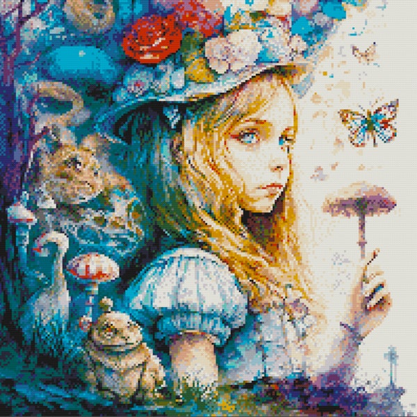 Cross Stitch Pattern Dark Alice In Wonderland, Printable Fairy Tale PDF Pattern, Instant Download, 2 Kinds of Charts, DMC, Blues