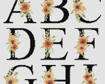 Floral Cross Stitch Alphabet PDF Pattern, Printable Pattern, Color Chart With Symbols & Black and White Symbols, DMC Guide, PDF Patterns