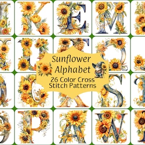 Sunflower Cross Stitch Alphabet, 26 PDF Patterns, Printable Pattern, Monograms, Color Charts, DMC Guide, Printable