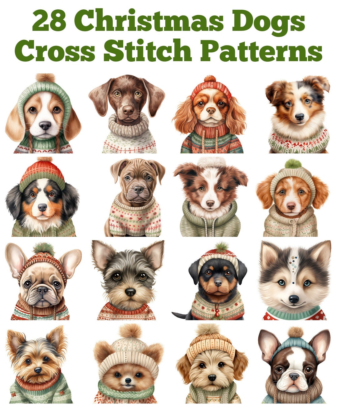 28 Christmas Dogs Cross Stitch Pattern, Printable Holiday Animals PDF
