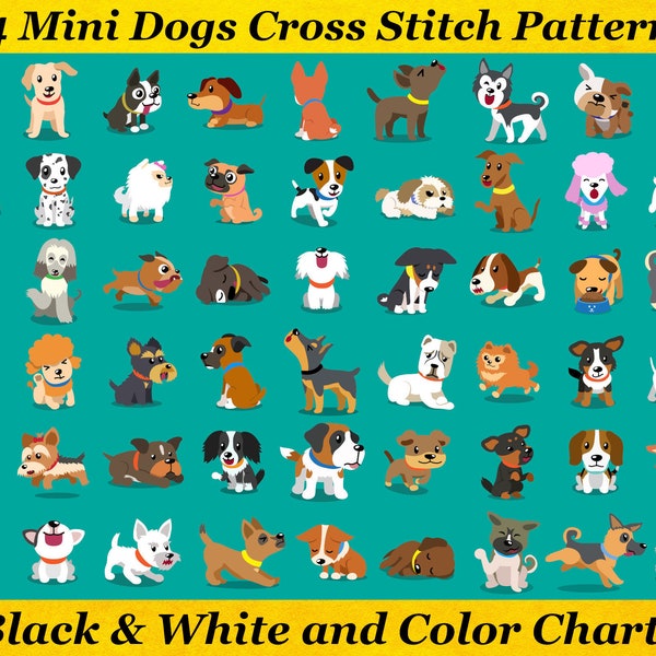 54 Mini Dogs Cross Stitch Patterns, Printable PDF Patterns, 2 Kinds of Charts, Instant Download, DMC Floss