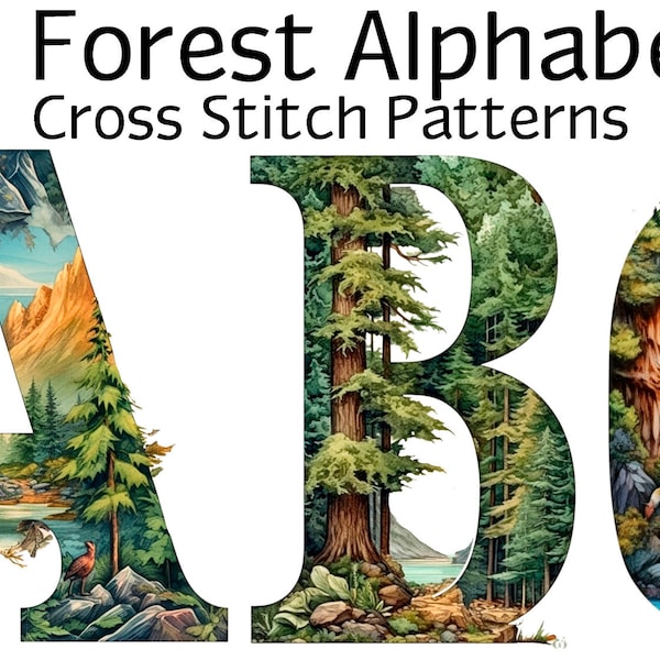 Forest Cross Stitch Alphabet, 26 PDF Patterns, Printable Pattern, Monograms, Color Charts, DMC Guide, Trees, Mountains, Sun, Rivers