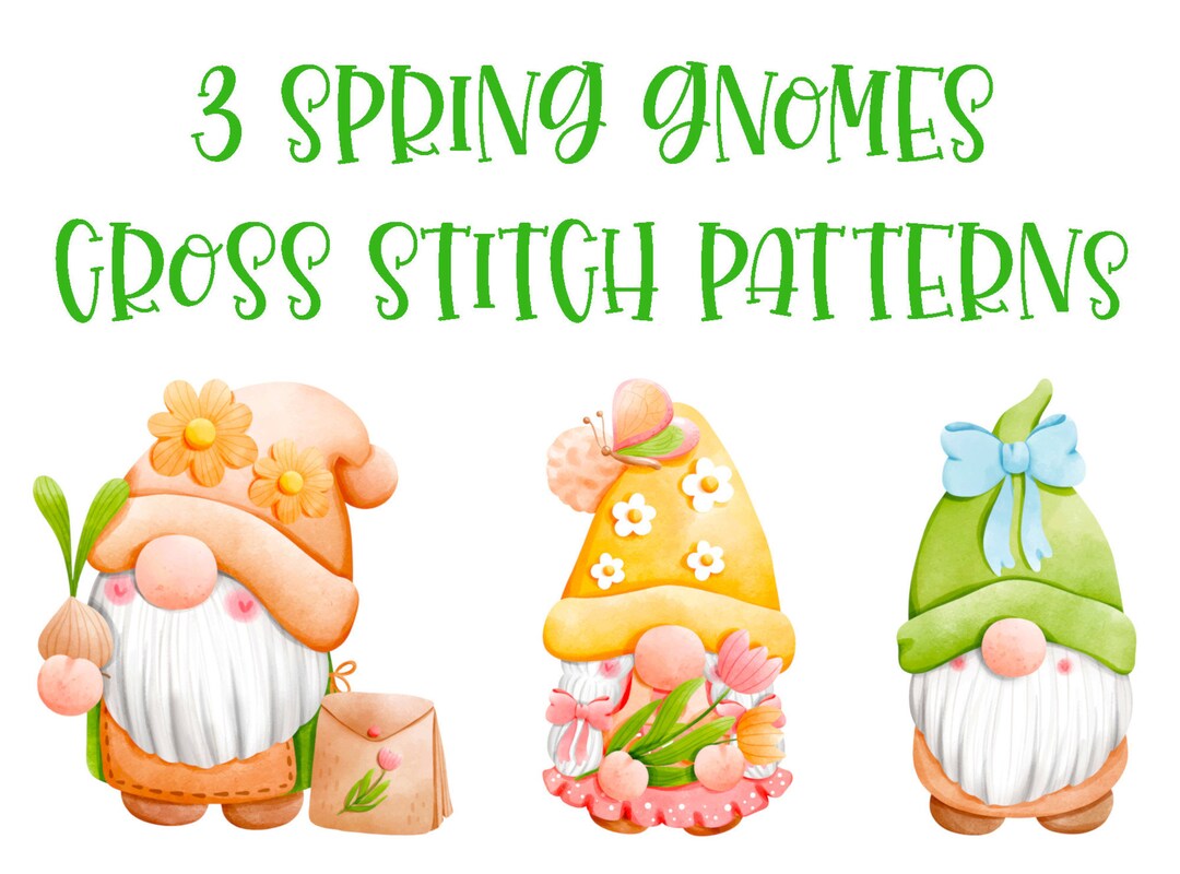 3 Gnomes Cross Stitch Pattern, Printable Spring Gnome PDF Pattern, 2