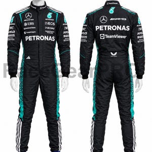 May include: A black racing suit featuring teal side panels and white stripes, adorned with various sponsor logos including Petronas, Mercedes-AMG, and TeamViewer. The suit is displayed on two mannequins, showing both the front and back views.