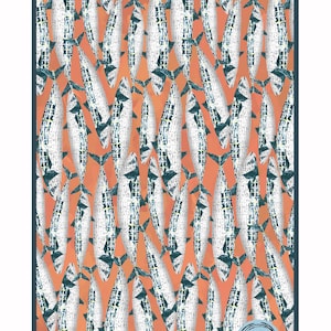 May include: A repeating pattern of white fish with blue and black details on an orange background, framed by a dark blue border. The design is a repeated pattern. The image has a signature in the bottom right corner.