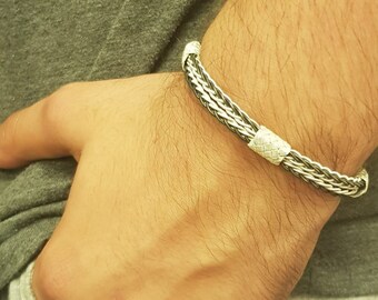 Handmade 999K Silver Mens Bracelet: Anthracite Braided Wristband
