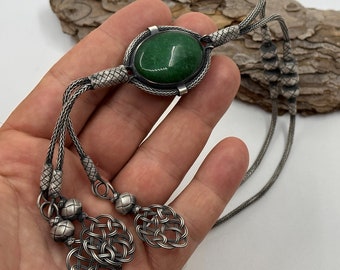 Handcrafted Silver Necklace for Women, Artisan Jewelry with Natural Green Stone, Handknitted Women’s Long Tassel Necklace
