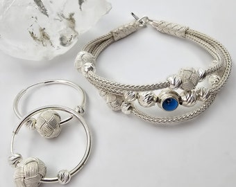 Pure Silver Kazaziye Bracelet & Earrings: Handknitted Evil Eye Charm