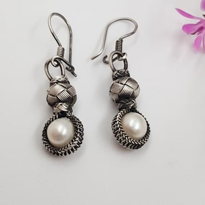 Silver Pearl Earrings for Women, Artisan Pearl Jewelry, Handknitted Women&#39;s Dangle,  Handmade Pearl Earrings By Art, Anniversary Gift
