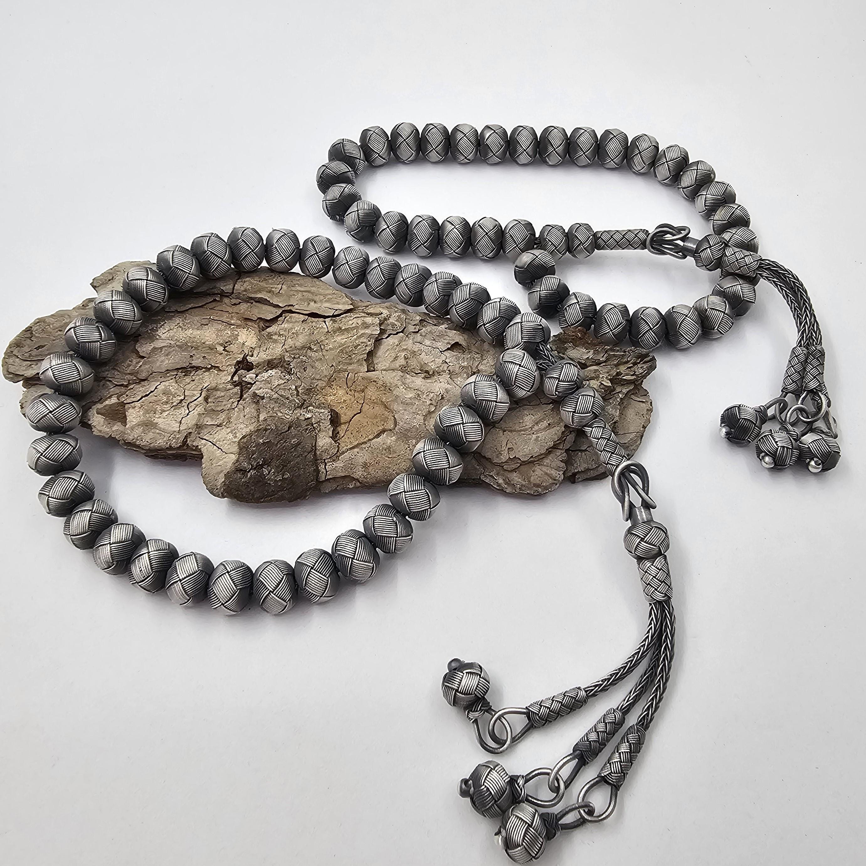 ☆NEW☆ トルコ製 925シルバー タスビー（99ビーズ） 999Kシルバーの祈りのビーズ：タッセル付きの手作りイスラムのタスビ