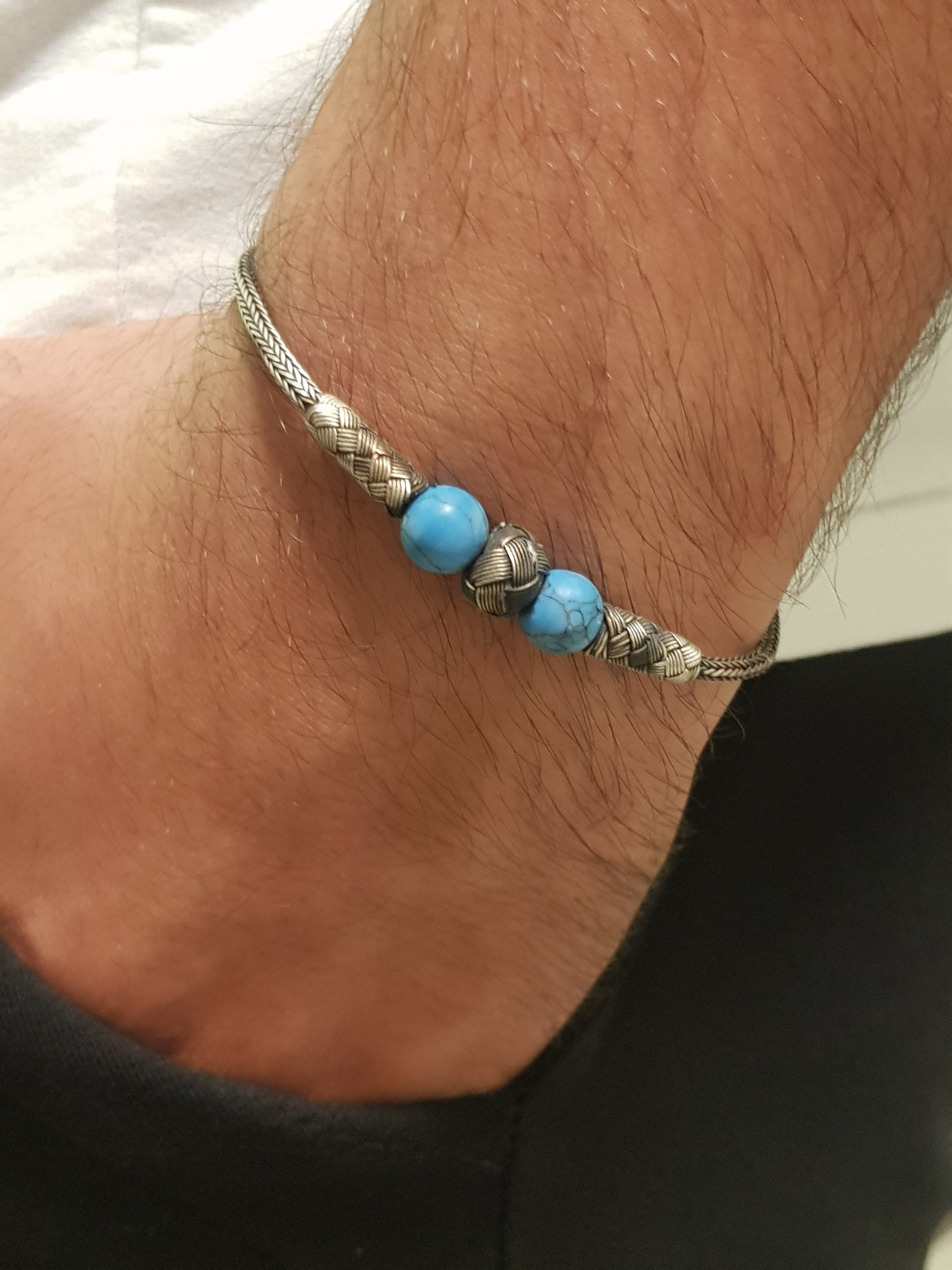 ハンドメイド 999K シルバー ターコイズ ブレスレット：カザジエ編み