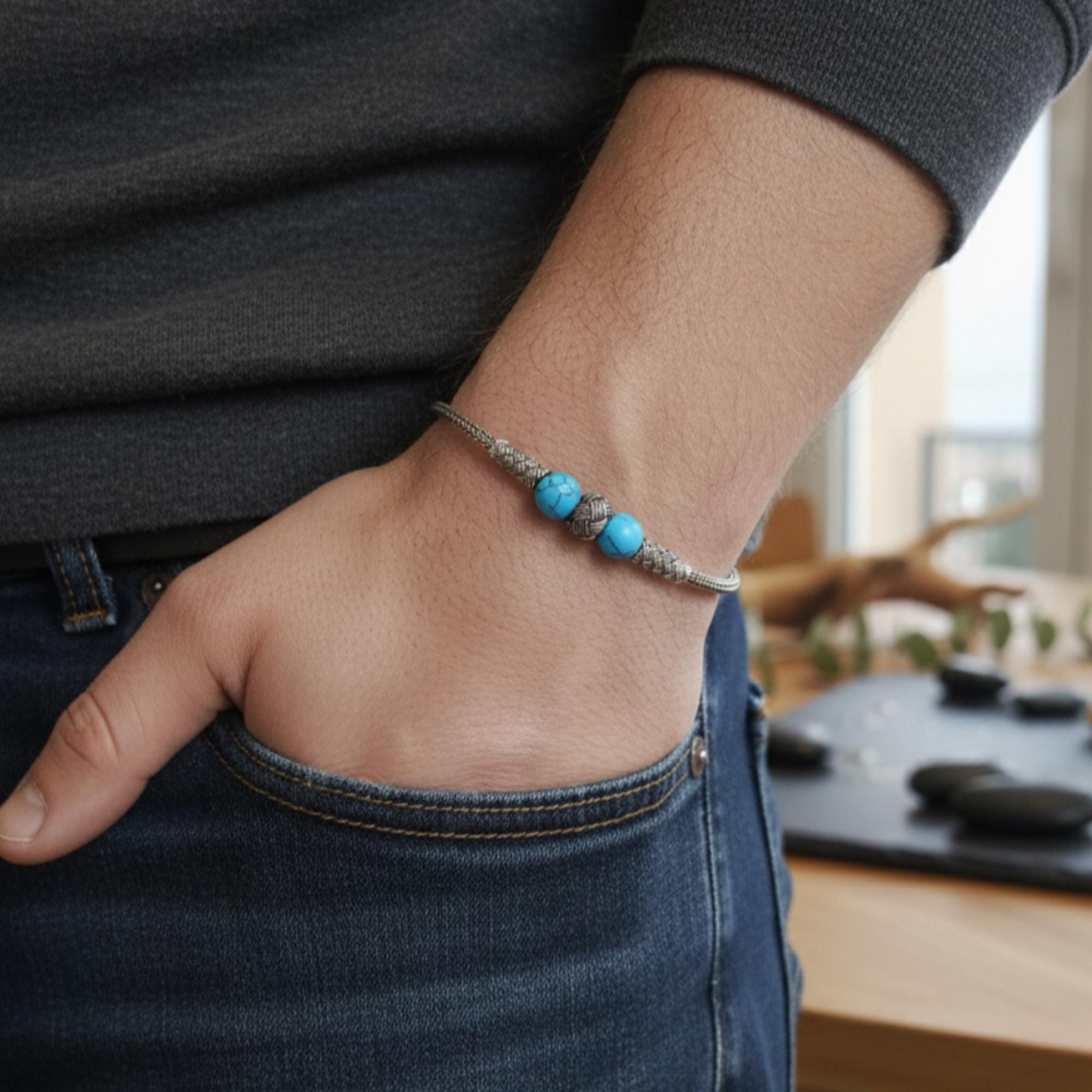 ハンドメイド 999K シルバー ターコイズ ブレスレット：カザジエ編み 