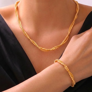 Handcrafted 24K Gold-Plated Silver Dorica Bracelet & Necklace: Woven Jewelry Set
