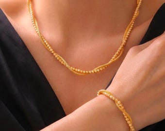 Handcrafted 24K Gold-Plated Silver Dorica Bracelet & Necklace: Woven Jewelry Set