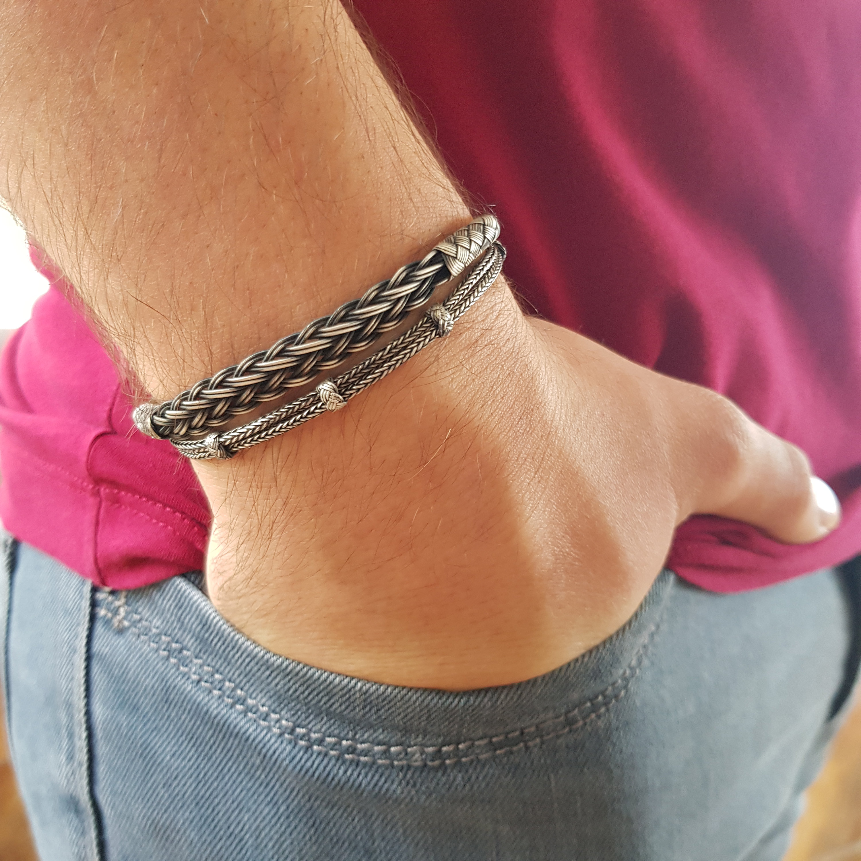Mens Silver Chain Bracelet Set, Silver Groom Bracelet, Viking Style Knitted Jewelry, Unique Birthday Gift For Men, Fathers Day Gift
