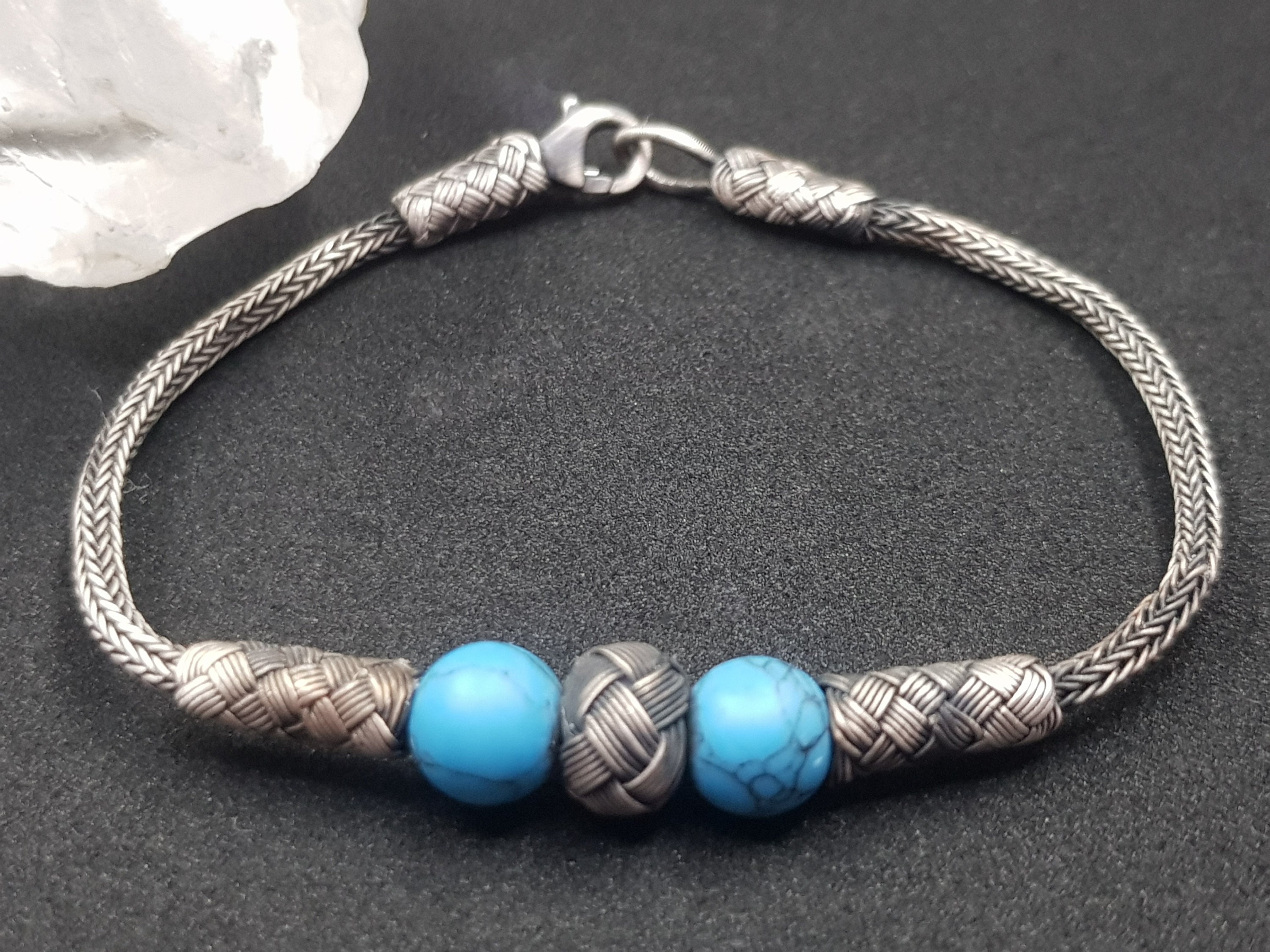 ハンドメイド 999K シルバー ターコイズ ブレスレット：カザジエ編み