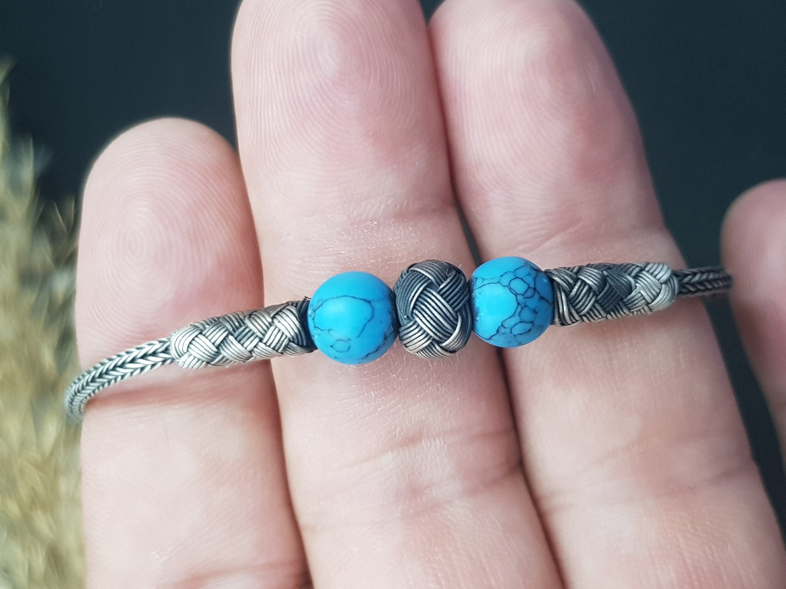 ハンドメイド 999K シルバー ターコイズ ブレスレット：カザジエ編み 