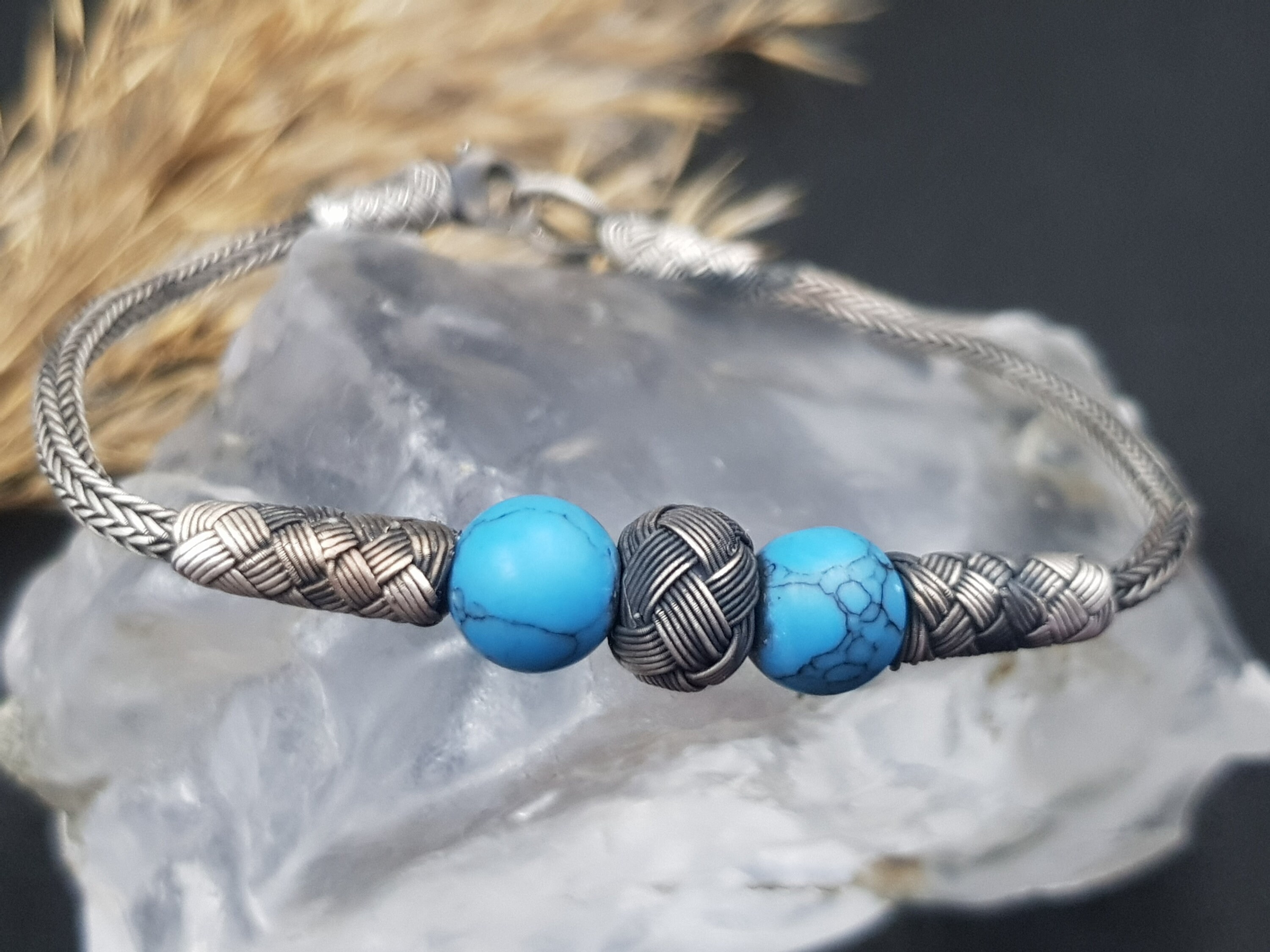 ハンドメイド 999K シルバー ターコイズ ブレスレット：カザジエ編み
