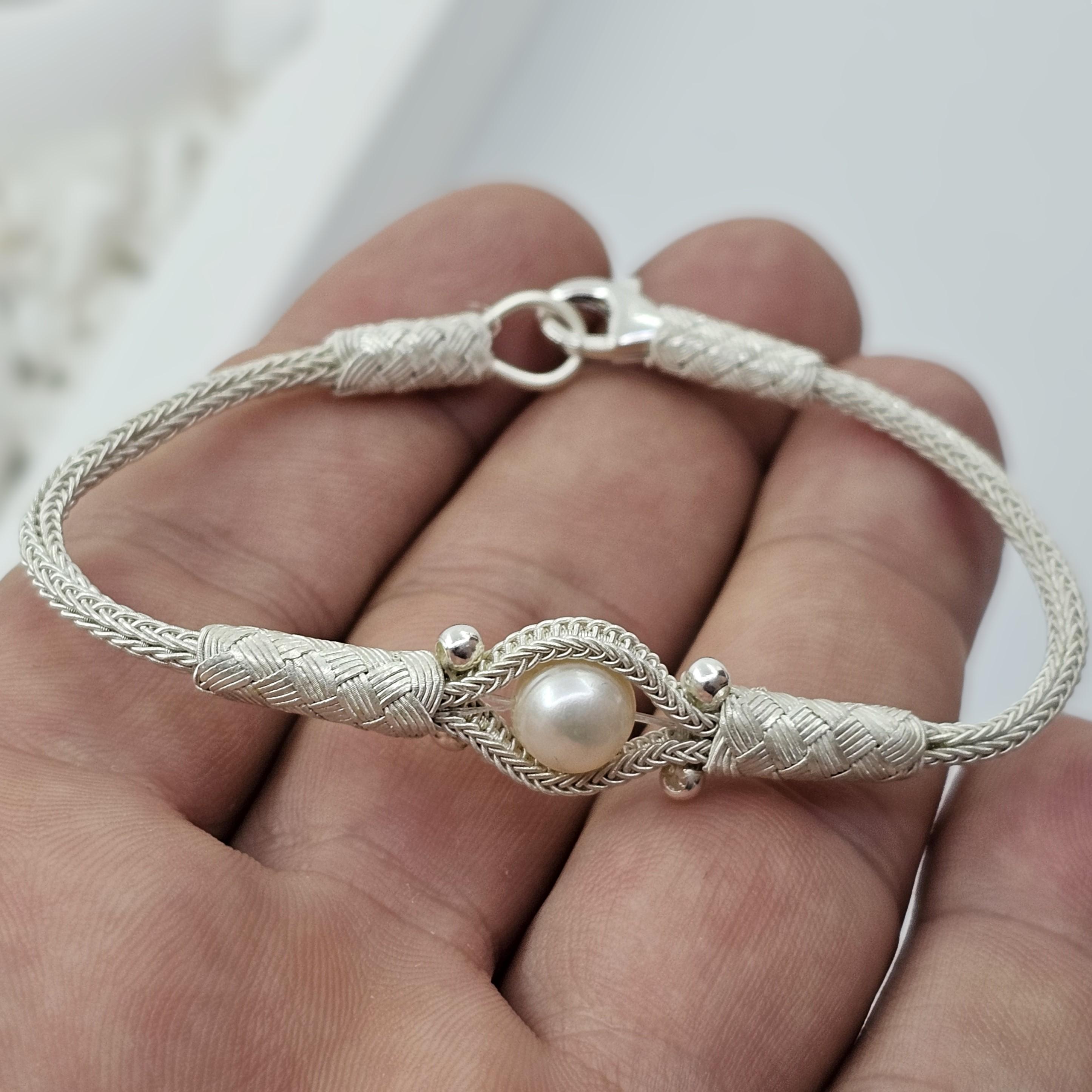 Pearl Silver Bracelet, Ivory Pearls Bracelet, Handknitted Women's Charm, Valentines Day Gift, Pearl Charm
