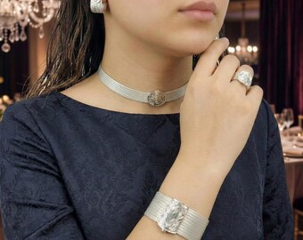 925K Silver Kazaziye Jewelry Set: Handmade Embroidered Bracelet, Necklace