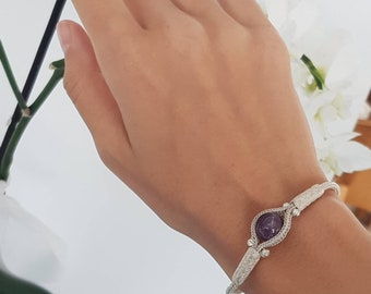 Conjunto de pulseira e brincos de ametista em prata 1000K feito à mão: Kazaziye Jewelry