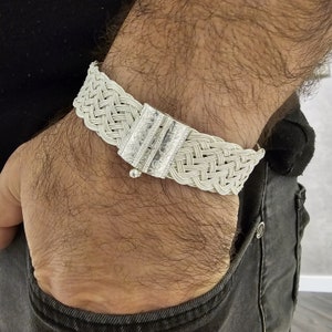 Handmade 1000K Silver Braided Bracelet with Embroidered Clasp