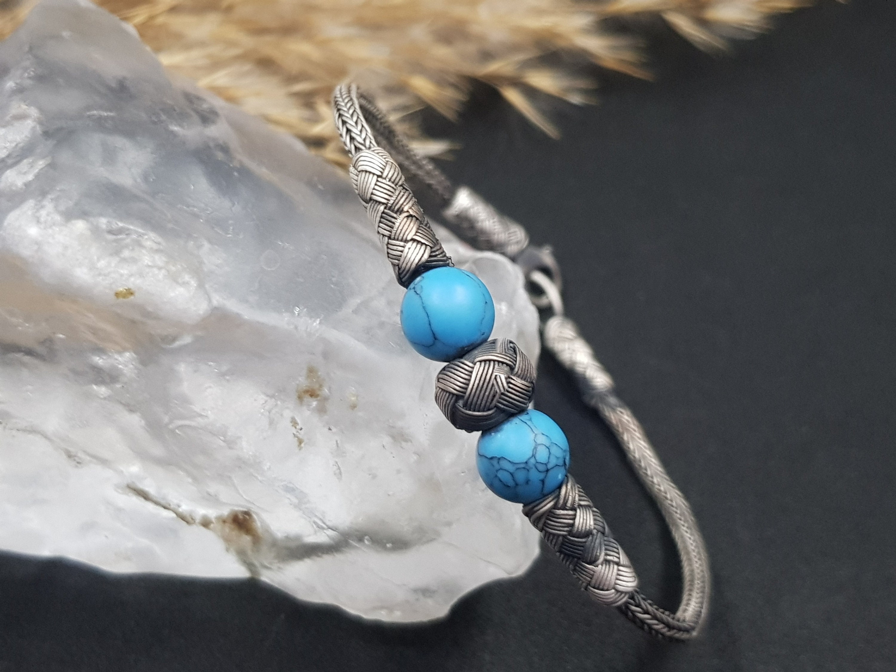 ハンドメイド 999K シルバー ターコイズ ブレスレット：カザジエ編み
