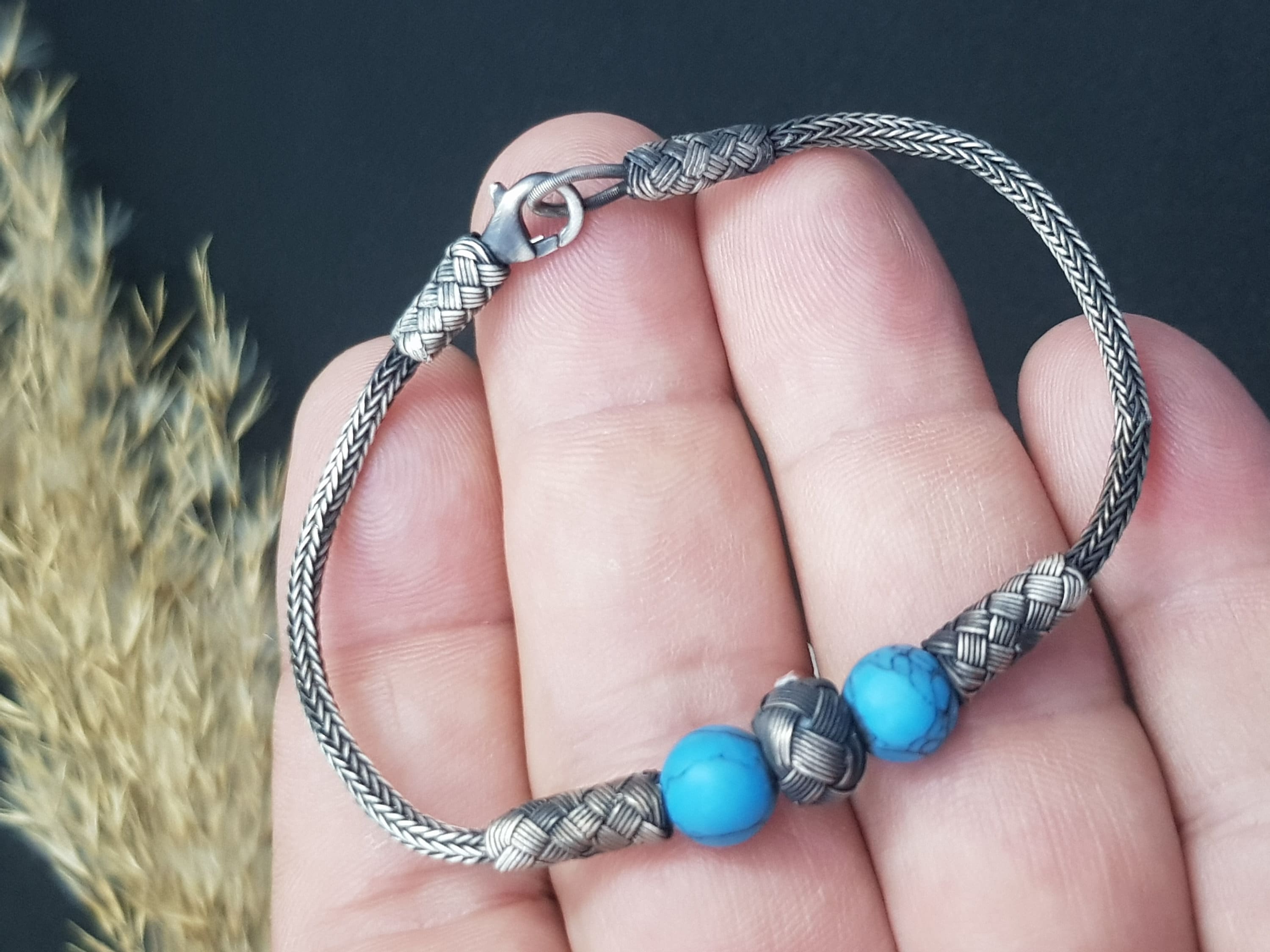ハンドメイド 999K シルバー ターコイズ ブレスレット：カザジエ編み 