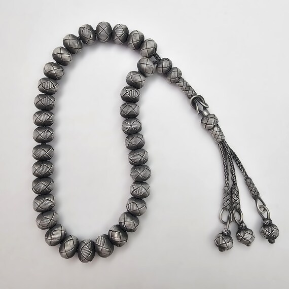 ☆NEW☆ トルコ製 925シルバー タスビー（99ビーズ） 999Kシルバーの祈りのビーズ：タッセル付きの手作りイスラムのタスビ