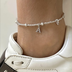 Tobillera con inicial de plata de 925 quilates, regalo de San Valentín, tobillera personalizada de plata hecha a mano, delicada pulsera de tobillo, joyería de verano