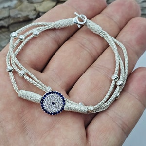 Handmade Silver Evil Eye Bracelet, Personalized Valentines Gift for Women, Lovers Gift, Unique Gift Idea