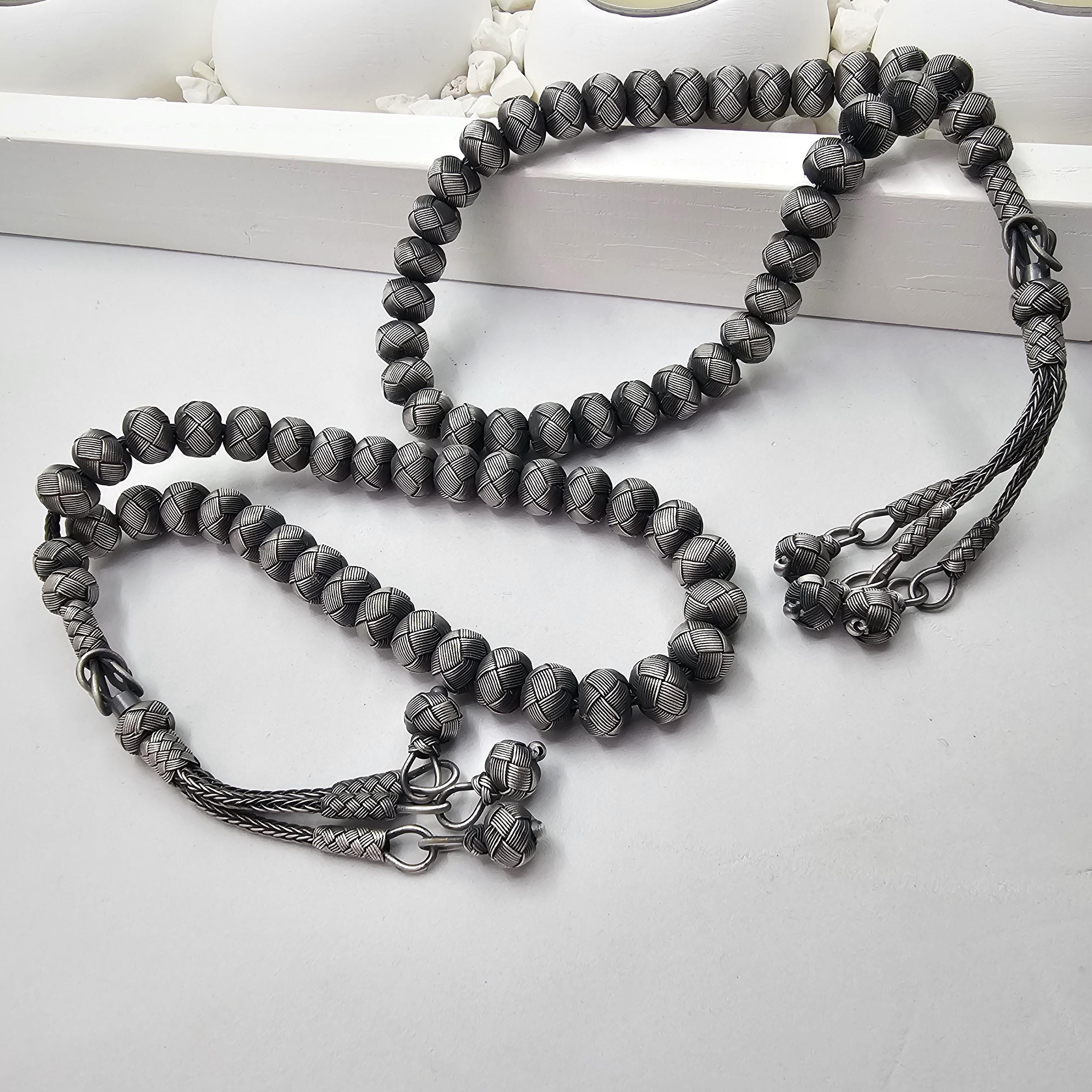 ☆NEW☆ トルコ製 925シルバー タスビー（99ビーズ） 999Kシルバーの祈りのビーズ：タッセル付きの手作りイスラムのタスビ