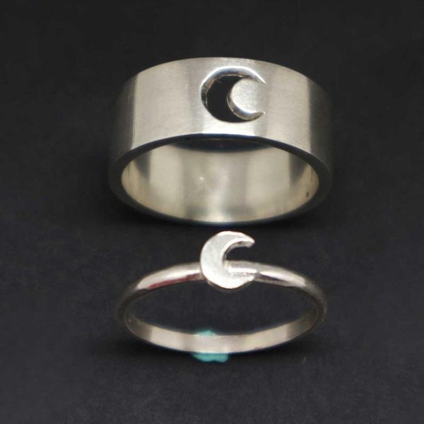Moon Couple Set Promise Ring - Moon Jewelry, Celestial Ring, Alternative Engagement Wedding Matching Ring, Crescent Moon Ring