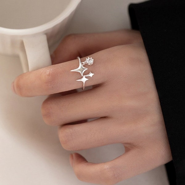 Silver Color Four Pointed Star Ring Zircon Pendant Original Handmade Adjustable Size Ring For Women Jewelry Gifts 2022