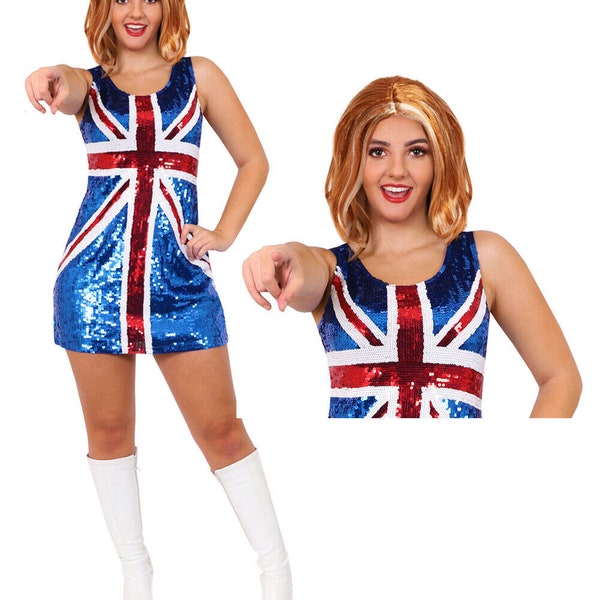 Ladies union jack dress sequin spice girls pop star  costume british fancy dress