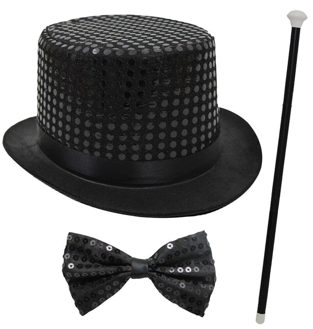 Black Sequin Top Hat Dance Cane Bow Tie Fancy Dress Ringmaster Etsy