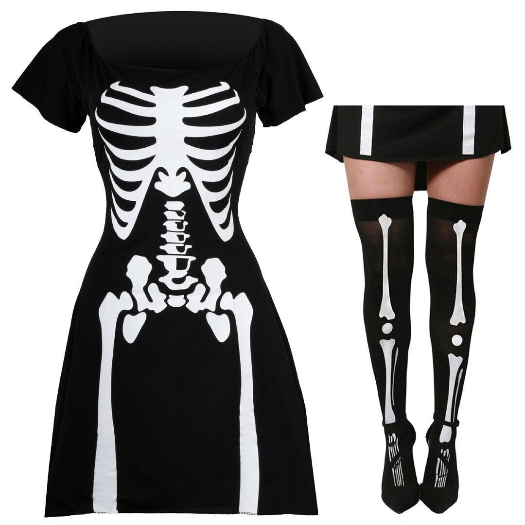 Skeleton Skater Dress Halloween Costume Stockings Fancy Dress Ladies