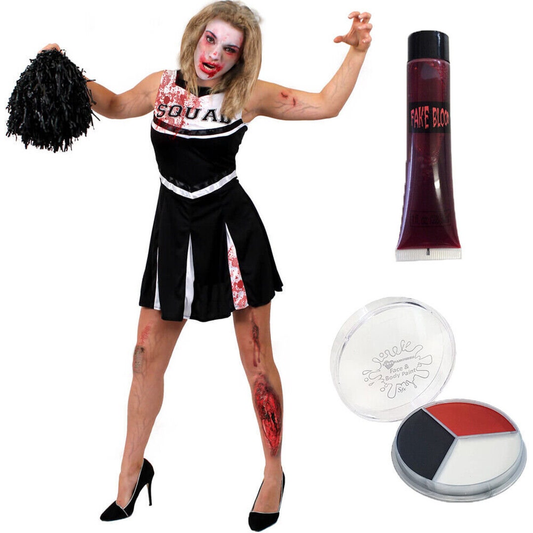 Black Zombie Cheerleader Costume With Pom Poms Ladies Halloween Fancy