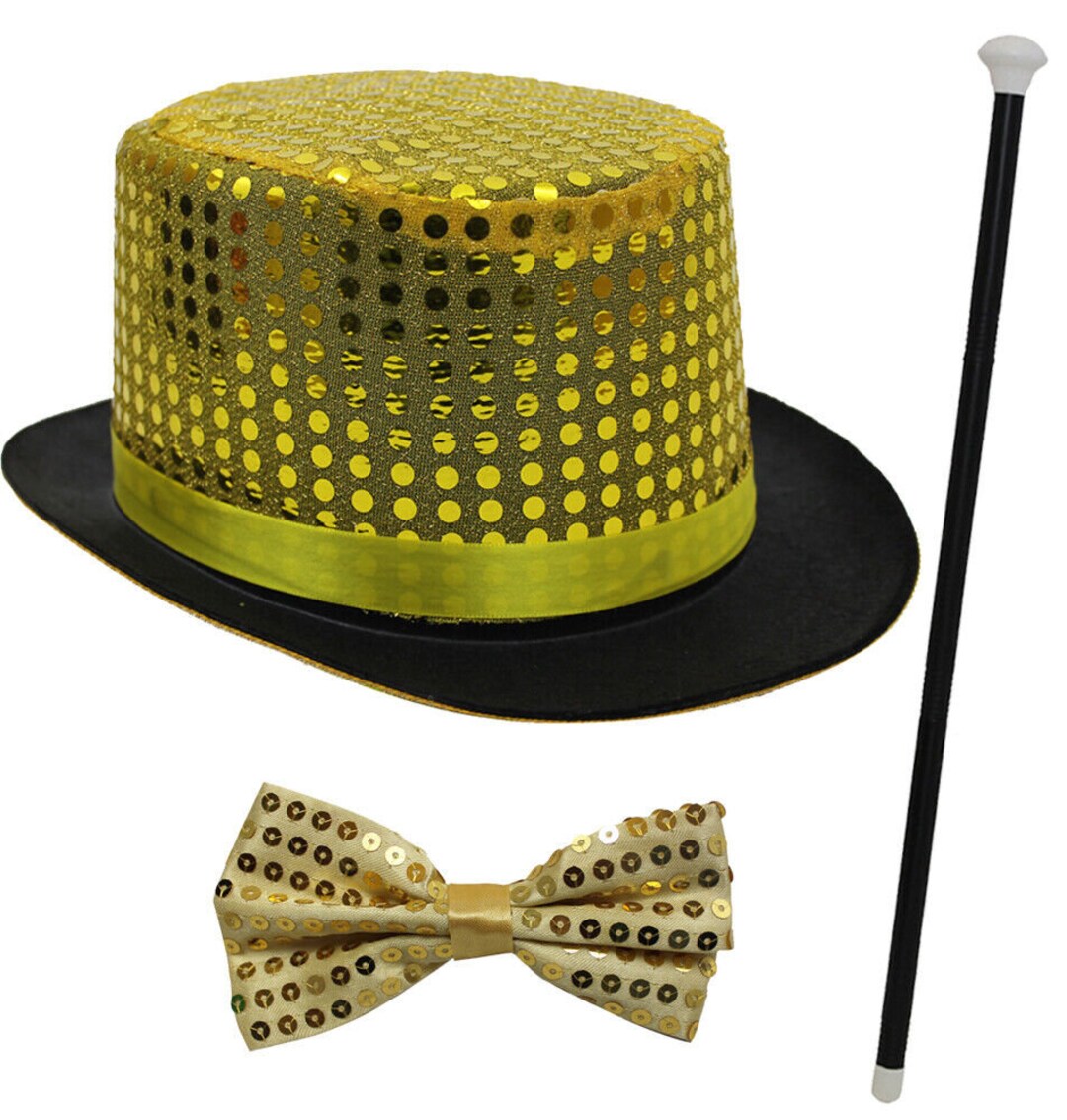 Gold Sequin Top Hat Dance Cane Bow Tie Fancy Dress Ringmaster Etsy