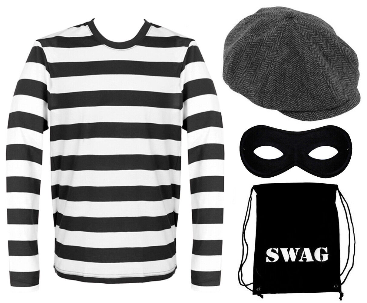 BURGLAR COSTUME ROBBER FANCY DRESS STRIPED TOP T-SHIRT EYEMASK