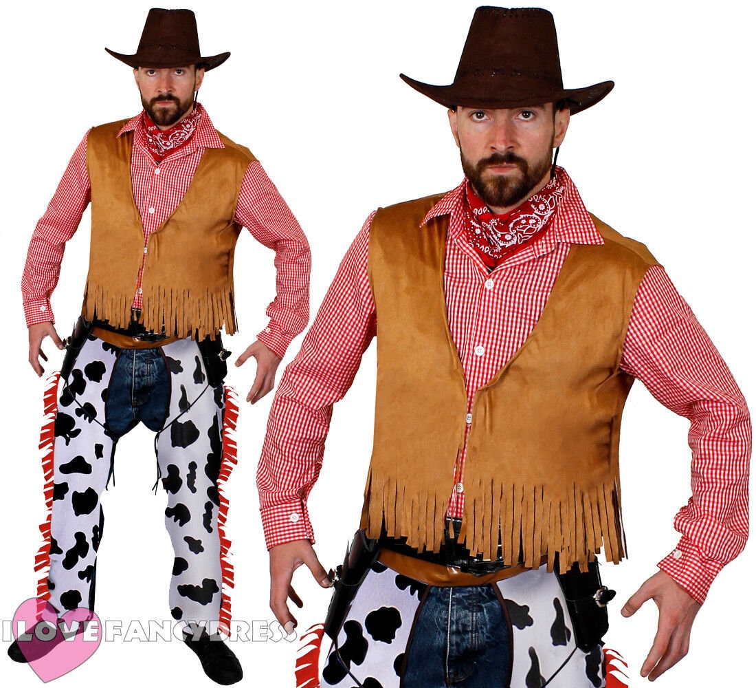 Mens Cowboy Costume Adult Wild West Sheriff Fancy Dress Western Rodeo Cow  Boy 