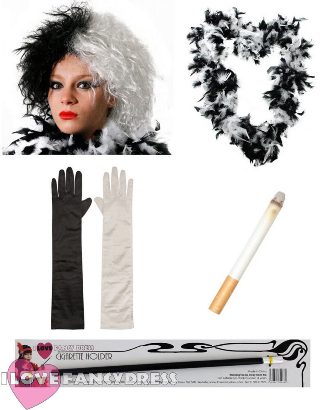5 Pc Cruella Kit Wig Gloves Feather Boa Fake Cigarette & Holder Fancy