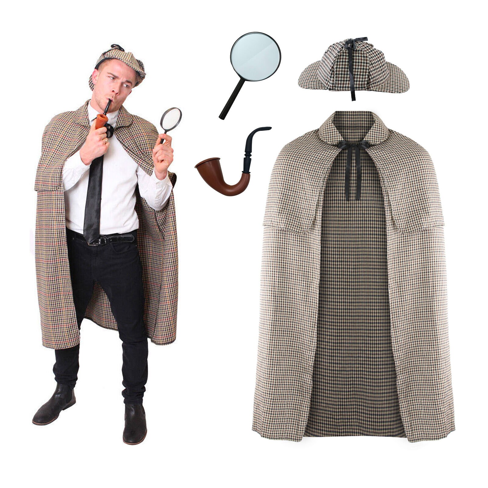 1920s Men Fancy Dress Costume Set,Sherlock Holmes Detective Accessories  with Hat