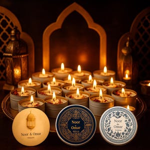 May include: A collection of lit candles in small, round tins, arranged on a silver tray. The candles are surrounded by decorative elements, including lanterns and arched frames. The lids of the candles have the text "Noor Omar" in gold and blue.