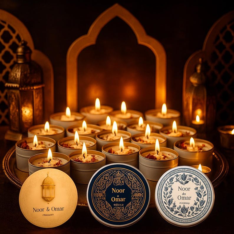 May include: A collection of lit candles in small, round tins, arranged on a silver tray. The candles are surrounded by decorative elements, including lanterns and arched frames. The lids of the candles have the text "Noor Omar" in gold and blue.