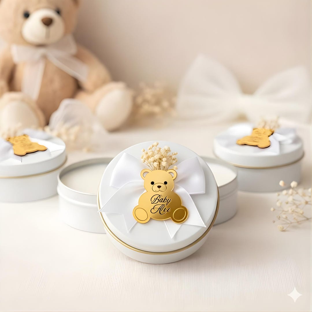 Personalized Baby Shower Scented Soy Candle Favors, White Tin, Gold ...