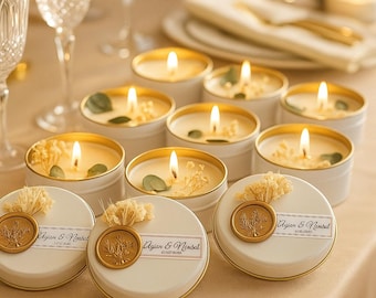 Wedding Anniversary Candle Favors – Soy Wax Scented Tin Candles with Gold Seal & Dried Flowers