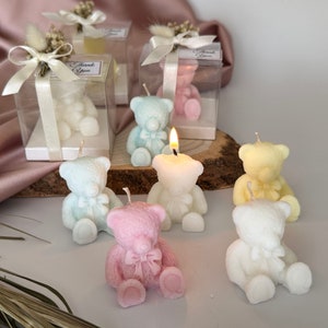 Candele di soia profumate con simpatico orsetto per gli ospiti, mini bouquet personalizzati, bomboniere per battesimo, compleanno, baby shower, sposa, matrimoni